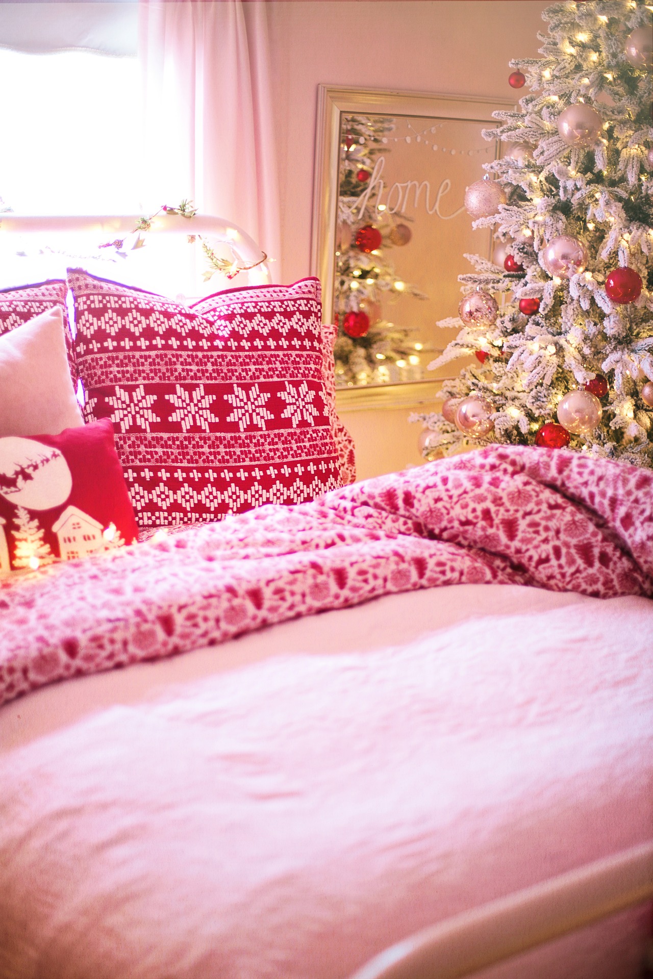 Bedroom with Christmas comforter and white flocked Christmas tree with ornaments